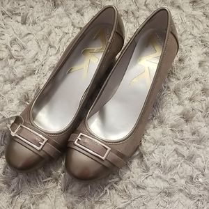 Anne Klein Metallic Taupe Loafers with Buckle